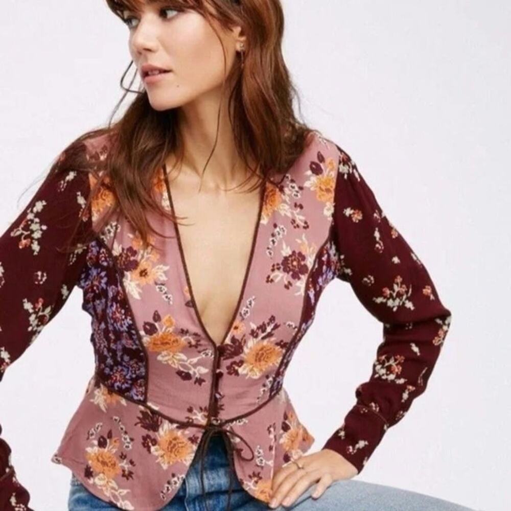 FREE PEOPLE Delicate Burgundy Tie front Cottage Coastal Boho Blouse